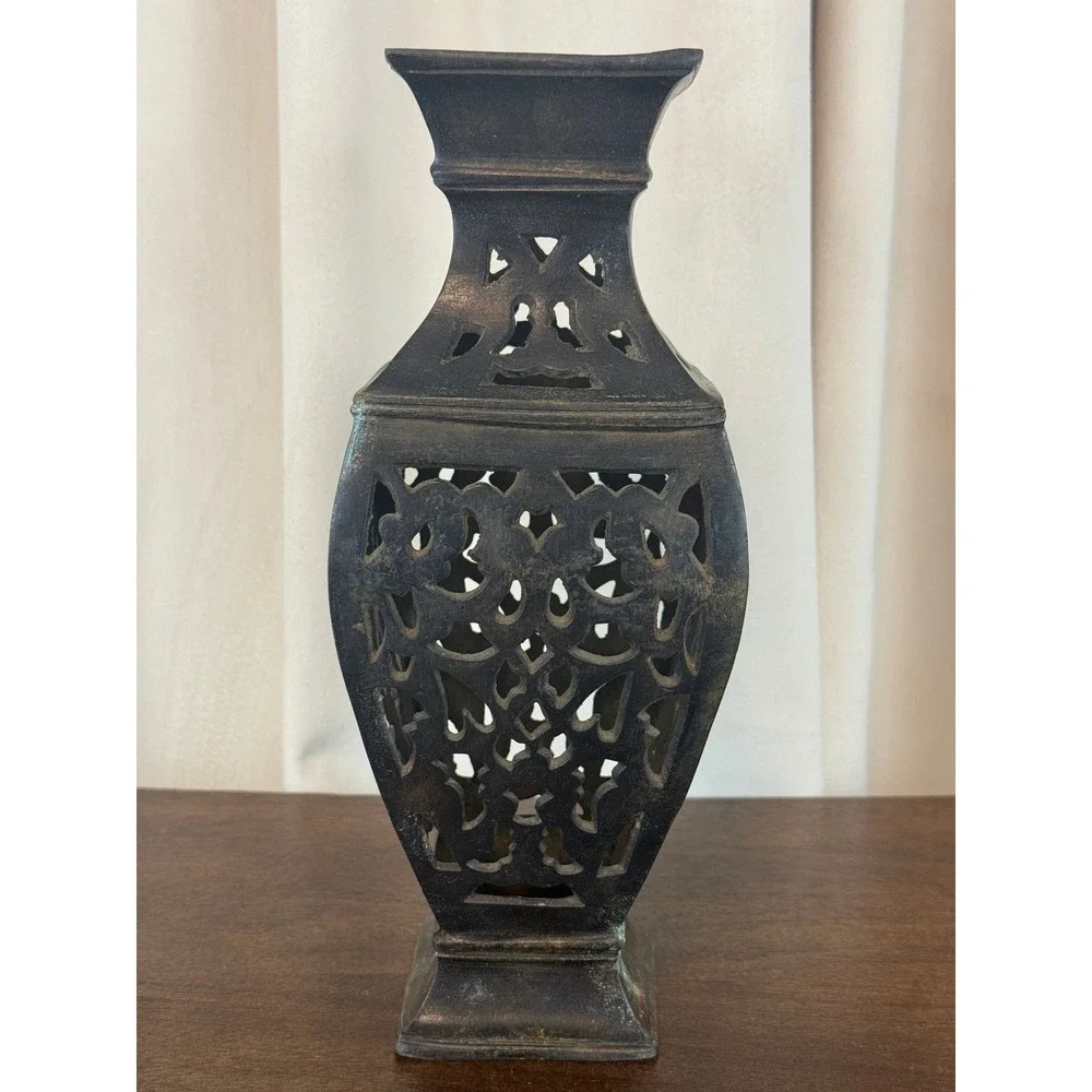VTG Bronze‎ Hollow Vase Lantern Pierced Cut Work Verdigris 11